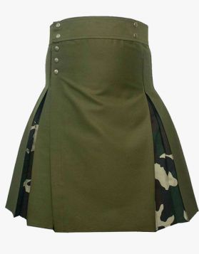 Olive Green Hiking Kilt With Woodland Camo Pleats- Front Image