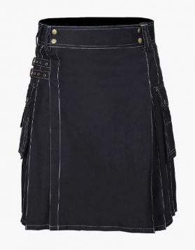 Plain Black Utility Kilt with White Thread