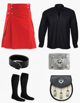 Red Cargo Kilt with Black Shirt and Accessories Package