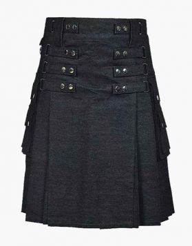 Scottish Black Denim Kilt with Stylish Apron- Front Image