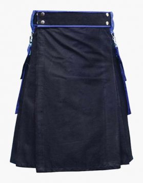 Stylish Black and Royal Blue Two-Tone Utility Kilt  - Front Image 