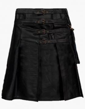 Stylish Black Pleated leather Kilt with Buckle Straps - Front Image 