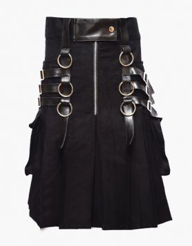 Stylish Black Utility Kilt with Zip Closure  - Front Image 