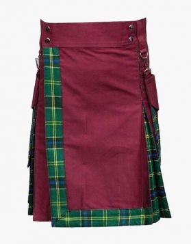 Stylish Burgundy and US Army Tartan Hybrid Kilt 