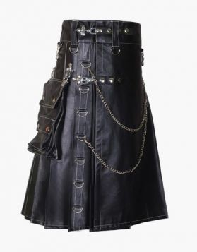 Stylish Mens Black Leather Gothic Kilt - Front Image 