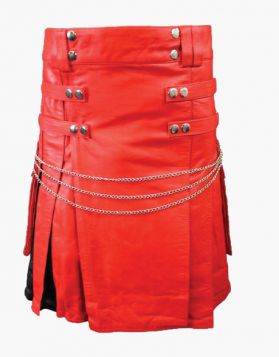 Stylish Red and Black Leather Kilt  - Front Image