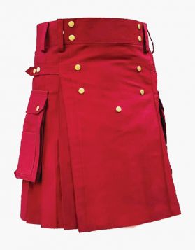  Stylish Red Utility Kilt with Studded Apron - Front Image 