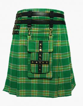 Traditional Irish Green Tartan Utility Kilt with Pocket - Front Image 