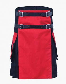 Two-Tone Black and Red Utility Kilt with Detachable Apron- Front Image