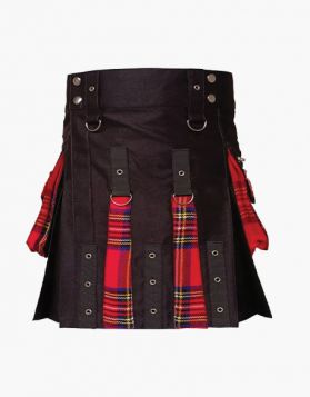 Women Black and Royal Stewart Hybrid Kilt With Flap Pockets - Front Image