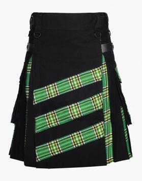 Black and Irish Green Tartan Hybrid Kilt with Stylish Apron- Front Image