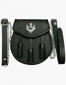 Black Leather Kilt Sporran with 3 Tassel - Front Image