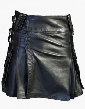 Black Leather Kilt with Pockets and Fastening Straps - Front Image