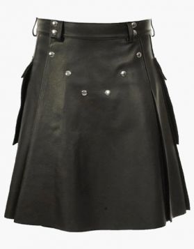 Black Leather Kilt with Studded Apron- Front Image