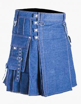 Blue Denim Kilt with Silver Chain and Straps