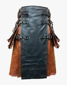 Brown Leather Gothic Kilt With Black Apron- Front Image