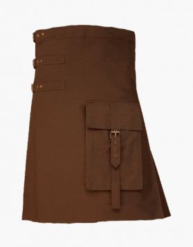 Brown Utility Kilt with Fastening Straps and Pocket - Front Image
