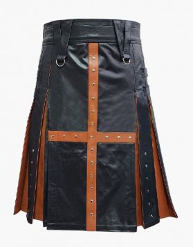 Fashion Black and Brown Leather Kilt -Front Image