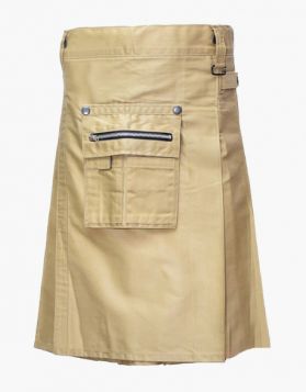 Khaki Utility Kilt With Front Zip Pocket- Front Image