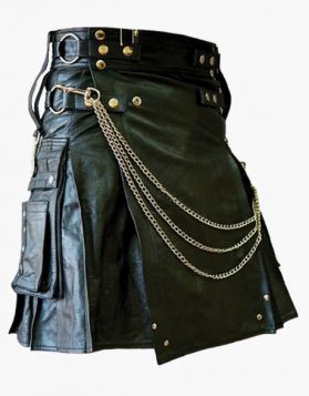 Men's Fashion Black Gothic Leather Kilt With Chains- Front Image