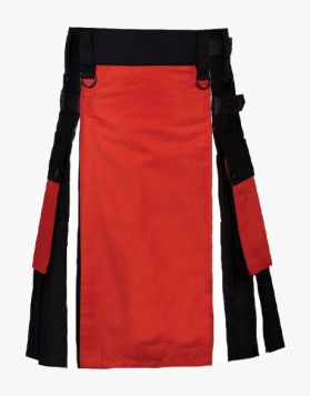 Men's Black and White Hybrid Kilt with Red Apron- Front Image