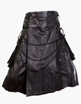 Men's Black Gothic Leather Kilt with Chain- Front Image