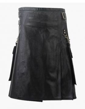 Men's Black Leather Kilt with Detachable Pockets- Front Image
