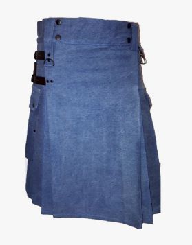 Men's Blue Denim Kilt with Black Straps Front Image