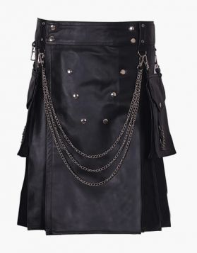 Mens Fashion Black Leather Kilt with Studded Apron - Front Image