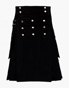 Men's Fashion Black Utility Kilt with Studed Design- Front Image 