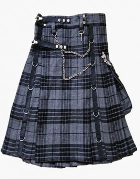 Mens Grey Watch Tartan Gothic Utility Kilt with Detachable Pockets- Front Image 