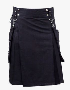 Mens Modern Black Utility Kilt with Detachable Pockets- Front Image