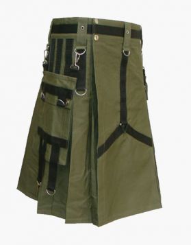 Men's Olive Green Utility Kilt with Black Straps- Front Image