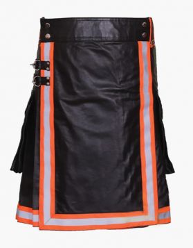 Mens Pure Black Firefighter Leather Kilt - Front Image