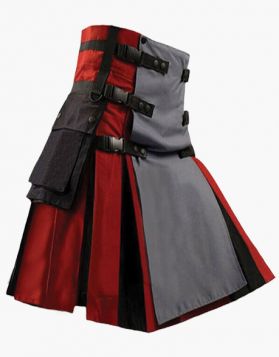 Mens Red and Black Hybrid Kilt with Grey Apron - Front Image