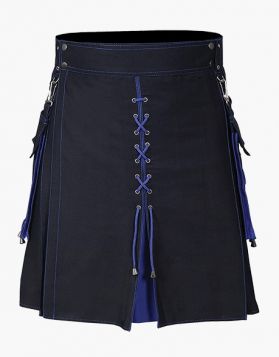 Modern Black And Blue Hybrid Kilt With laces design- Front Image 