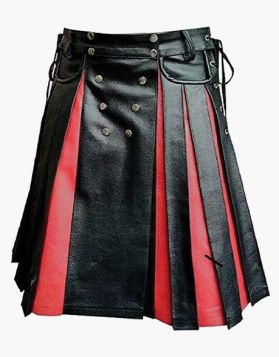 Modern Black and Red Leather Gladiator Kilt- Front Image