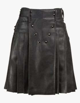Modern Black Leather Kilt with Studded Design- Front Image