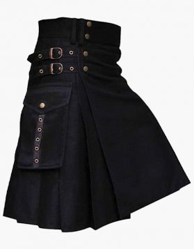 Modern Black Utility Kilt with Pockets and Buckle Straps - Front Image