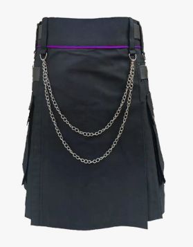 Modern Black Utility Kilt with Purple Piping -Front Image