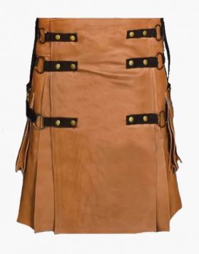 Modern Brown Leather Kilt with Detachable Apron- Front Image
