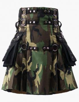 Modern Gothic Woodland Camo Utility Kilt with Black Pockets- Front Image