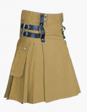 Modern Khaki Utility Kilt with Flap Pockets - Front Image