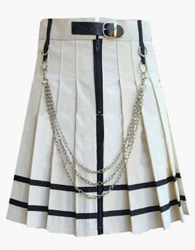 Modern White Pleated Mini Gothic Kilt with Black Straps- Front Image