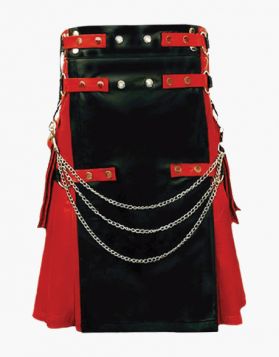 Red & Black Gothic Leather Kilt - Front Image 