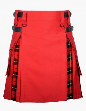 Red And Wallace Tartan Hybrid Kilt With Leather Straps- Front Image 