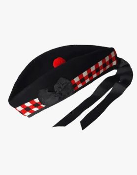 Black Glengarry Hat with White & Red Diced Band