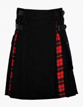 Black Cotton And Wallace Tartan Lautreamont Hybrid Kilt- Front Image