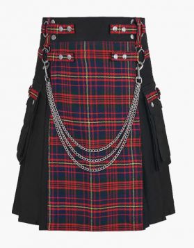 Stylish Black Gothic Kilt with Tartan Apron and Chains- Front Image