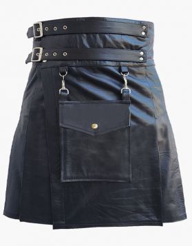 Stylish Black Leather Kilt with a Front Pocket